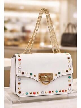 Vintage Gail Labelle White Stud Shoulder Bag Gold Chain NWOT